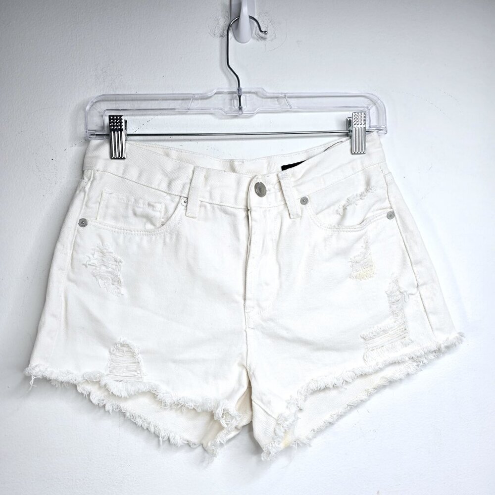 BLANKNYC White Distressed Cut off Raw Hem Button Fly White Denim Jean Shorts